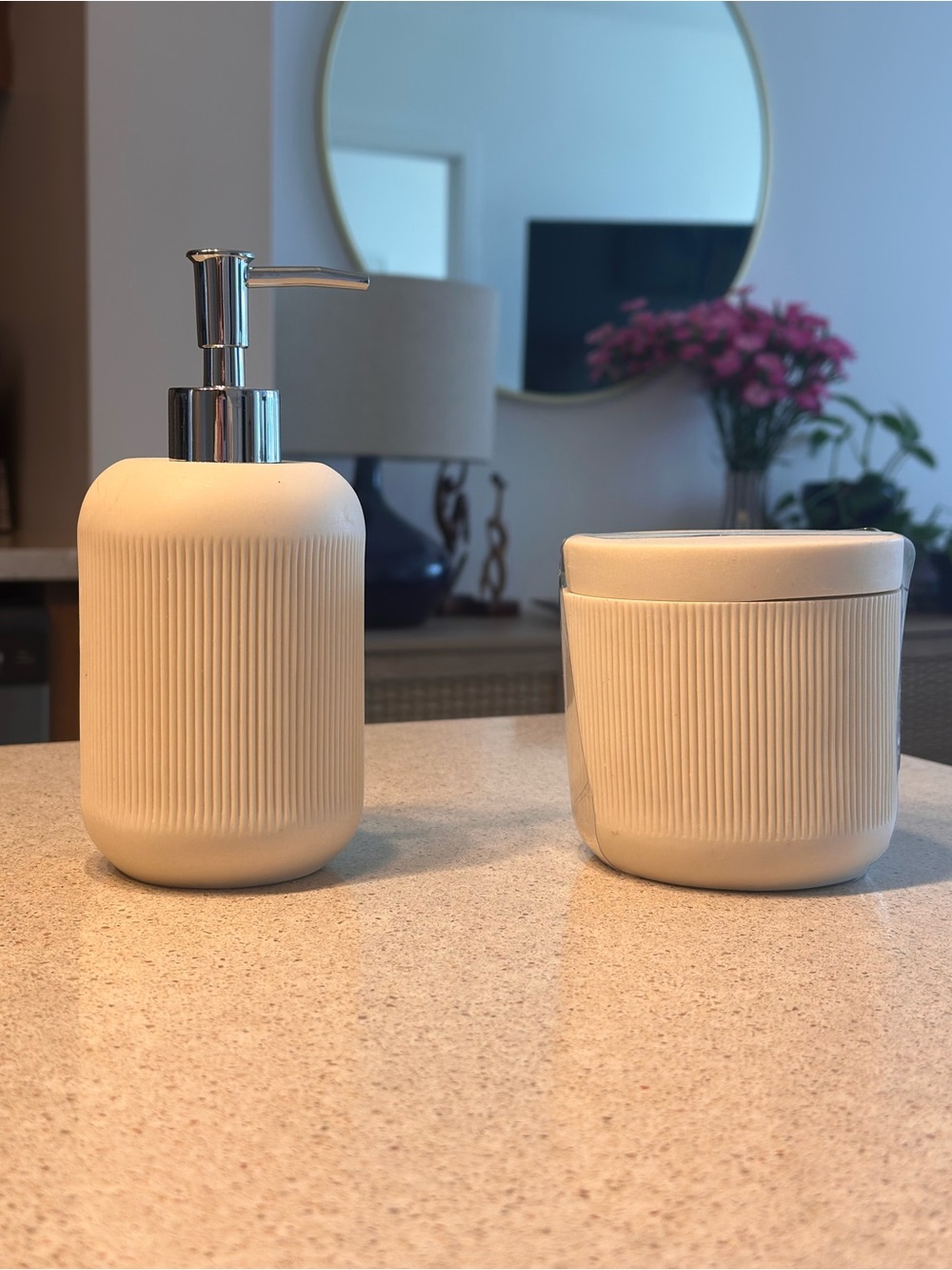 Neutral Ribbed Ceramic Soap Dispenser and Cotton Ball Jar Set